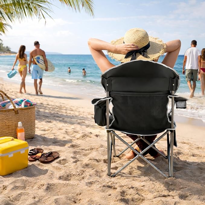 Simple Deluxe Oversized Outdoor Foldable Camping Chair with Cup Holder and Carrying Bag Camping Chair with 500lbs Capacity and Sturdy Material Suitable for Beaches Hiking and Camping Black