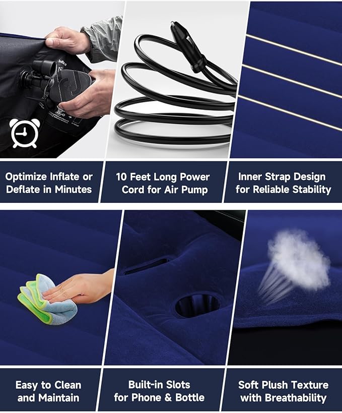 Umbrauto Air Mattress for Tesla Model Y Custom Inflatable Camping Bed for Back Trunk SUV Sleeping Pad w/Soft Flocking Surface Durable 210T Fabric Bottom Portable Pump for Travel Navy