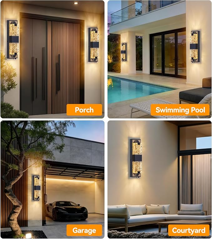 HITTO Porch Lights Outdoor Dusk to Dawn Outdoor Lighting 15.6'' Outdoor Wall Sconce IP65 Waterproof LED Exterior Lamp Ripple Crystal Glass Black&ampGold Modern Porch Light for House Front Door 2