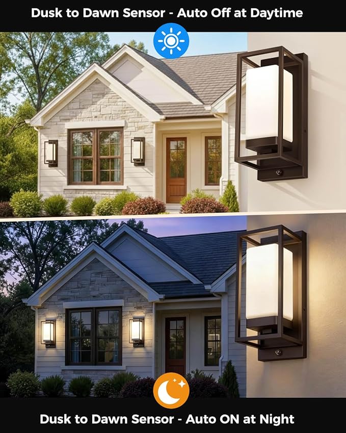 RAYVO Modern Outdoor Wall Light with Dusk to Dawn Sensor Waterproof Exterior Lighting Fixtures with E26 Base 3000K LED Bulb Included Outdoor Sconce Lights for Porch Garage Entryway Bronze 2 Pack