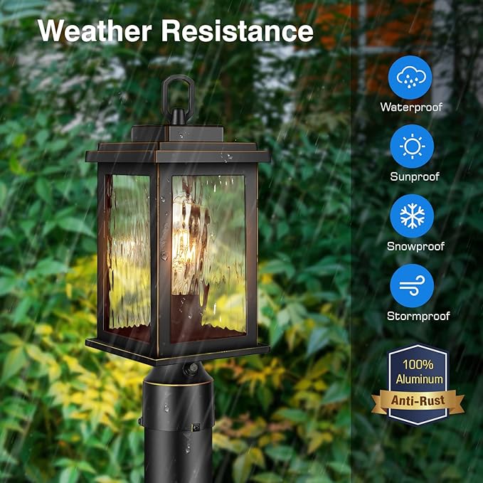 VIANIS Dusk to Dawn Outdoor Post Light with Pier Mount Base Hardwired 120V Waterproof Lamp Post Light Fixture Black Aluminum 3-inch Exterior Post Lamp with Tempered Glass for Patio Garden