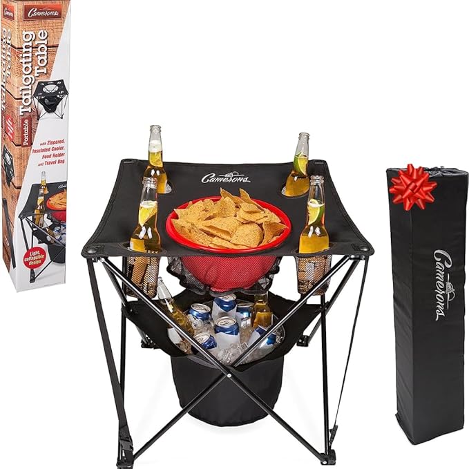 Camerons All-in-One Tailgating Table - Portable Folding Camping Table with Insulated Cooler Food Basket Cup Holders &amp Travel Bag - Collapsible Picnic Table for Outdoor BBQs Beach &amp Camp Tri