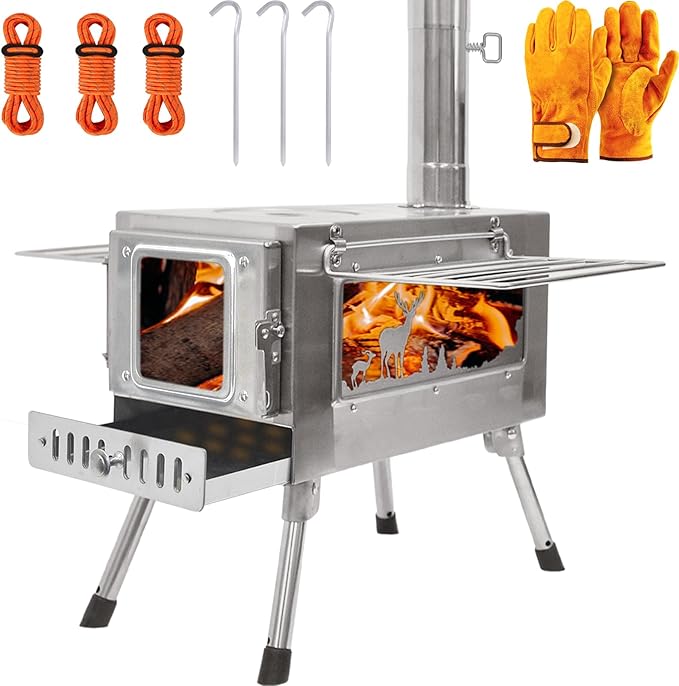 Outdoor Wood Burning Stove Portable with Chimney Pipe for Cooking Camping Tent Hiking Fishing Backpacking