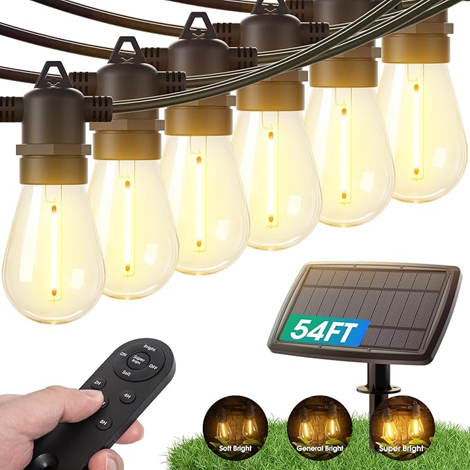 KYY 54(48+6) FT Solar String Lights Outdoor with USB Port Remote Waterproof and Shatterproof Patio with Solar Powered Panel LED Vintage Edison Bulbs Heavy-Duty and UL Listed Market Lights