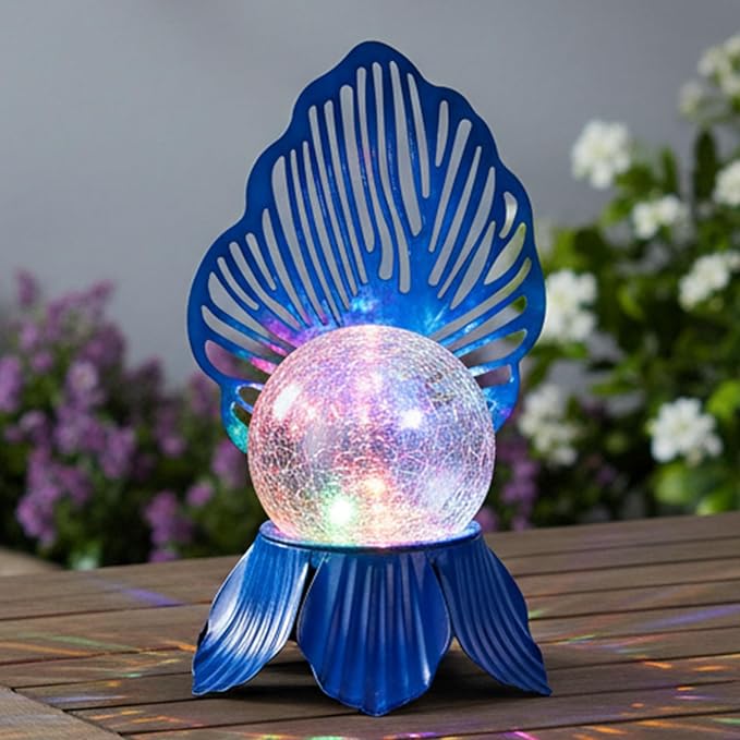 Solar Lights Outdoor Flower Garden Decor with Crackle Glass Globe Lights Metal Flowers for Outside Yard Lawn Patio Porch Pathway Tabletop Housewarming Gifts for Mom Women