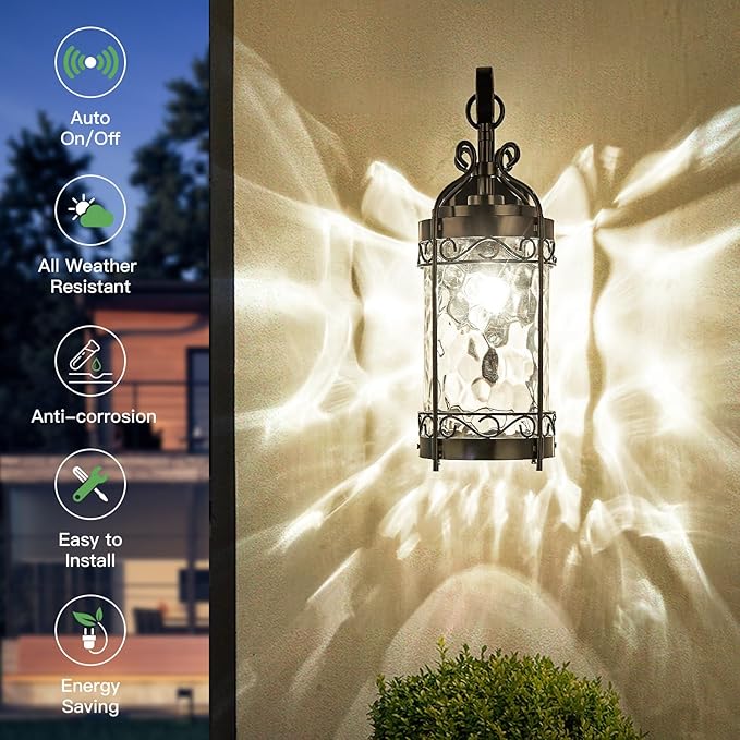 Large Dusk to Dawn Sensor Outdoor Wall Sconce19.68 H Vintage Exterior Light Fixture with IP65 WaterproofClassical European Style Porch Light with Water Glass for Front Door Balcony Porch