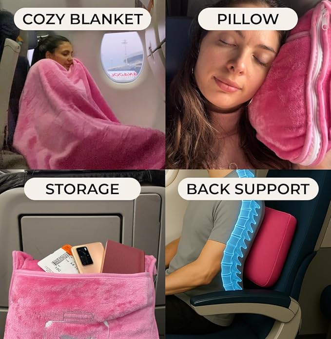 FlyHugz Pink Travel Blanket &amp Pillow Set (59.1x47.2) with Carry Case Luggage Sleeve &amp Clip – Portable Lightweight Breathable &amp Washable – Perfect for Plane Car Camping &amp Travel