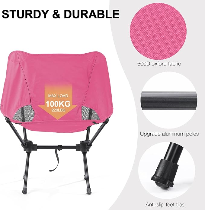 Lightweight Camping Chair with Carry Bag Portable Backpacking Chair with Side Pocket for Adults Women Folding Hiking Hunting Chairs for Lawn Fishing Beach Outdoor Travel Pink