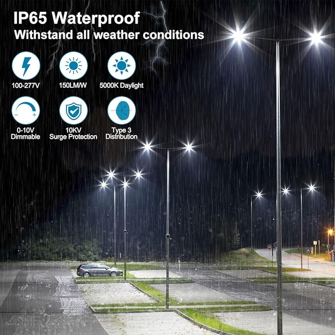 300W LED Parking Lot Light with Photocell Outdoor Dimmable LED Pole Lights with Slip Fitter &amp Arm Mount in 1 150LM/W 45000LM 5000K 100-277V IP65 Power Selectable (300W/240W/200W) ETL
