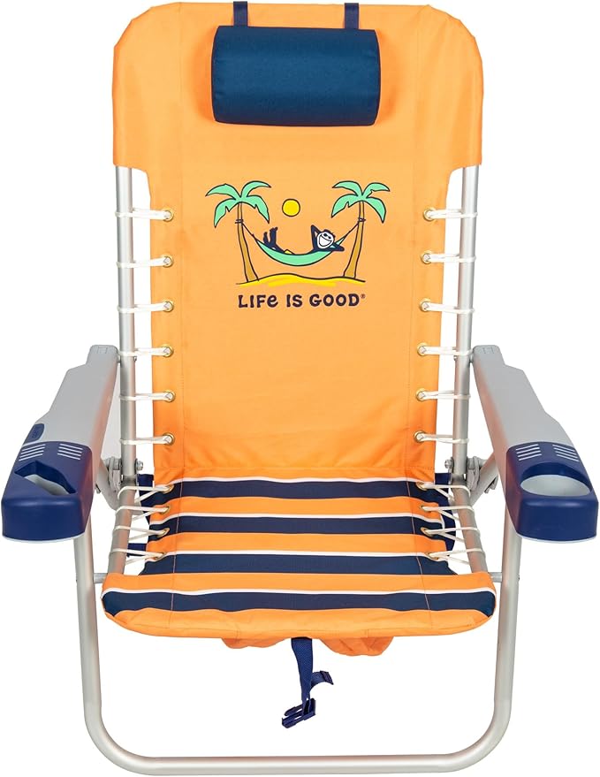 Life is Good 4-Position Lace-up Backpack Beach Chair with Pillow Cup and Phone Holder Canyon Orange