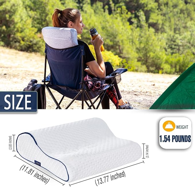 alkamto Travel &amp Camping Comfortable Memory Foam Pillow – Easy to Carry Portable Bag – Temperature Regulating Pillow Case (White Contour + Extra Cover)