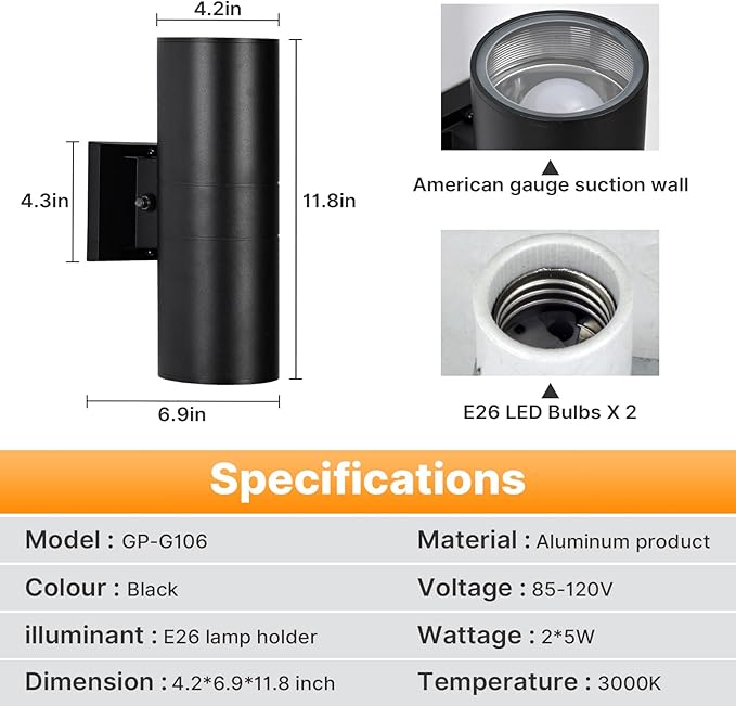 Dusk to Dawn Porch Light 1 Pack Modern Outdoor Wall Lights with Bulbs Cylinder Black Outdoor Light Fixture Wall Mount Up and Down Lighting Wall Sconce for House Porch Door