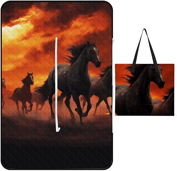 Zipper Horses Red Glowing Clouds Style Picnic Mat Suitable for Travel Camping Park Or Home Use