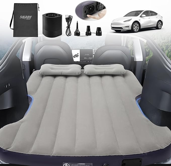 Self-Inflating Car Air Mattress for Tesla Model Y 2025 2024-2020/Model Y Juniper Outdoor Camping Air Bed with 2 Pillows Built-in Pump Air Couch Mat Flocking Air Cushion Model Y Accessories(Beige&ampB