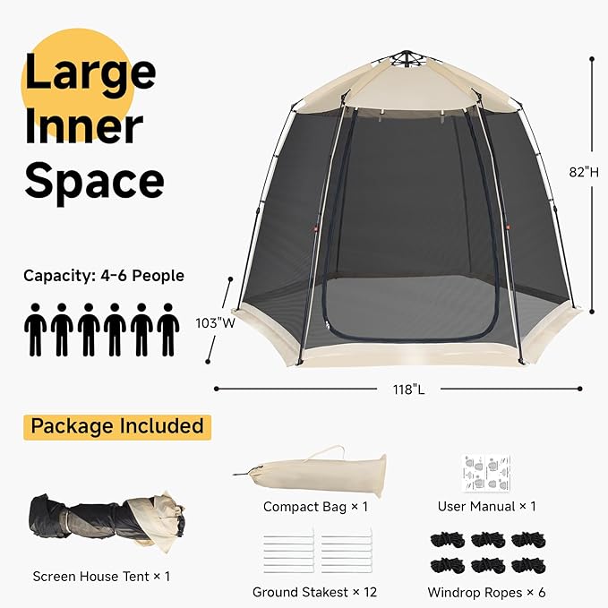 EighteenTek Screen House Gazebo 2-4-6 Person Pop Up Screen Tent Instant Screen Room with Carry Bag Outdoor Mosquito Tent Pop-Up Sun Shade Shelter for Patio Garden Backyard Deck