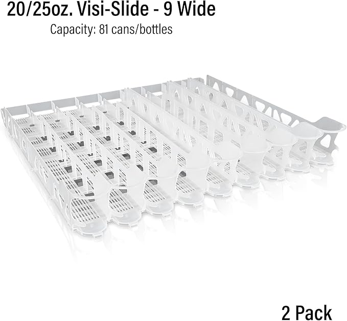 Visi-Slide 20oz Soda Beverage Dispenser - Gravity Fed Glide for Angled Shelves for Coolers Commercial Refrigerators Cold Vaults (Pack of 2) Drink Dispenser and Organizer for Cans Bottles and More