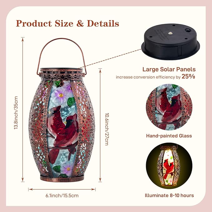 Cardinal Outdoor Solar Lanterns Waterproof 13.8 Large Hanging Solar Lantern Decorative Cardinals Solars Lights for Outside Yard Table Patio Garden Pathway Lawn Cardinal Gifts