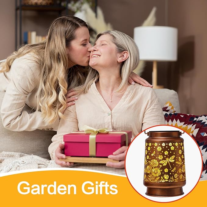 2 Pack Dragonfly Solar Lanterns Outdoor Waterproof Daisy Garden Decor Birthday Gifts for Women Mom Grandma Hanging Solar Lights Metal Lantern Decoration Outside for PorchPatioYardBackyard