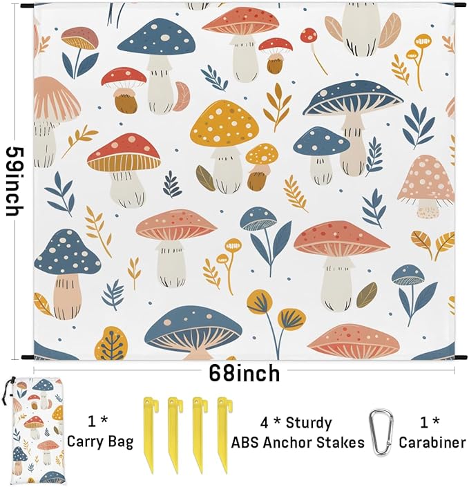 Waterproof Sandproof Beach Blanket 59''×68'' Autumn Mushroom Polyester Outdoor Picnic Blanket with 4 Stakes &amp Storage Bag for BeachCampingVacation White