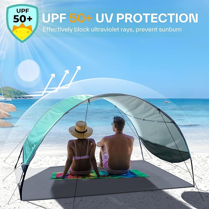 Sportneer Beach Tent Sun Shelter: UPF 50+ UV Protection Beach Canopy Tent Sun Shade for 2-3 Person Easy Set Up Canopy with 8 Wind Ropes and 12 Ground Stakes for Beach Size 96.5''x55.7''