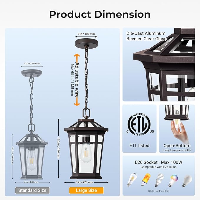 VIANIS Large Outdoor Pendant Light Oil Rubbed Bronze Outside Hanging Lights Hanging Porch Light Fixture with Adjustable Chain 100% Aluminum Waterproof Anti-Rust Ceiling Lighting for House Doorway