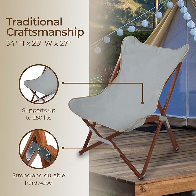 BYER OF MAINE Pangean Butterfly Chair Easy-Fold Hardwood Sling Chair – Portable Beach Camping &amp Patio Seat – 34″H × 23″W × 27″D in Granite