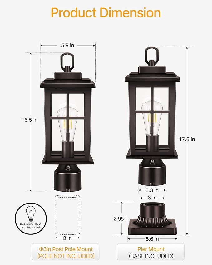 Dusk to Dawn Outdoor Post Lights Bronze Outdoor Lamp Post with Pier Mount Base Waterproof Lamp Posts Outdoor Lighting with Tempered Glass for Garden Porch Patio(Hardwired 120V Not Solar)