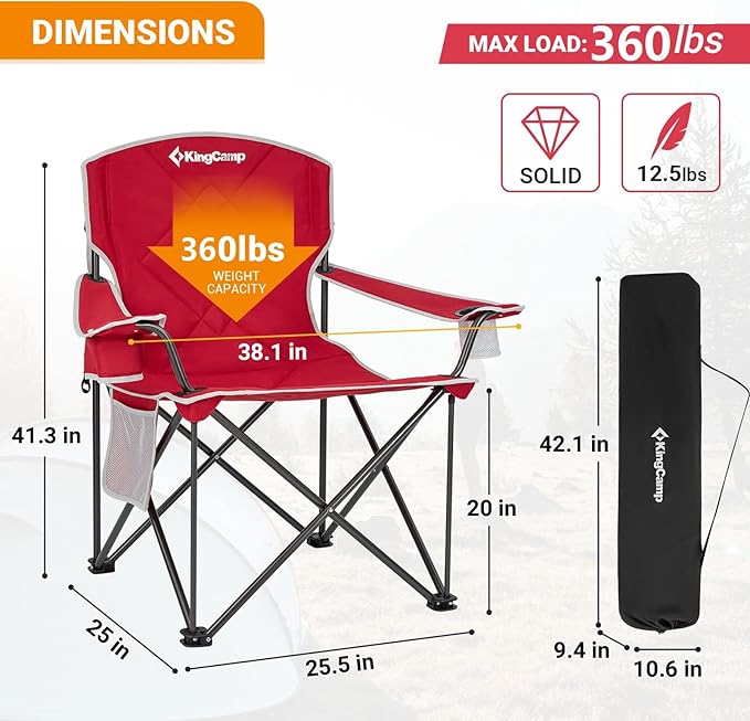 KingCamp Portable Folding Camping Quad Chair Oversized Fully Cushioned Seat with Side Pocket and Cup Holder for Tailgates Beach Lawn