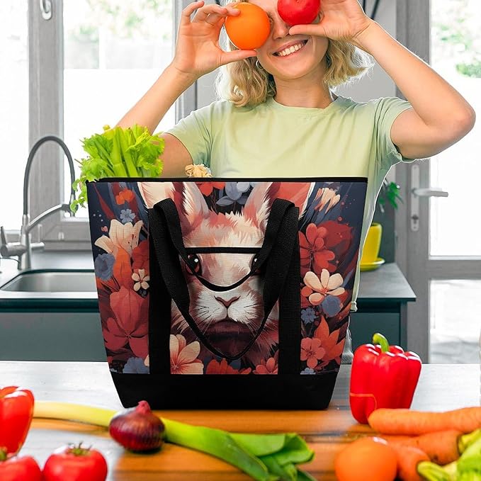 Insulated Shopping BagLarge Reusable Cooler Bags Easter Bunny Printed Foldable Shopping BagTravel Waterproof Shoulder Bag