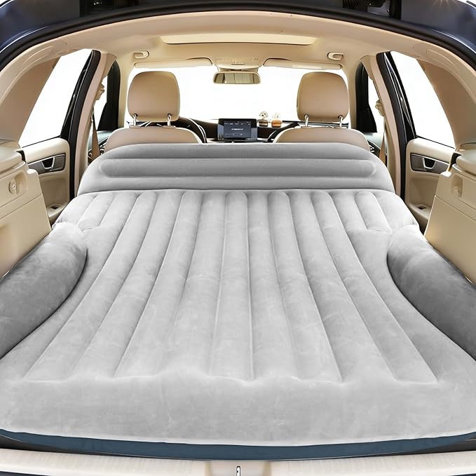 SUV Air Mattress Double-Sided Thick Flocked Car Air Mattress with Built-in Pump &amp Pillow Complete Sleeping Accessories for Auto Camping &amp Road Trips（Light Grey）