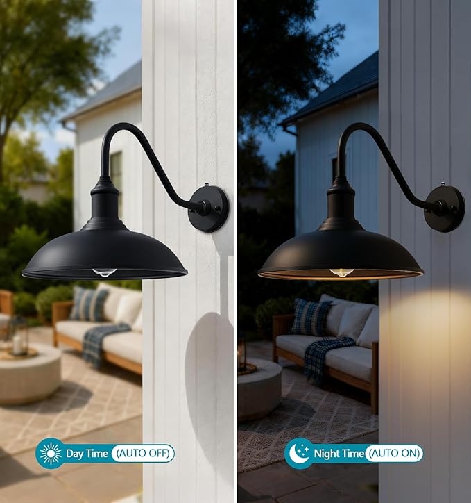 15 Inch Large Outdoor Farmhouse Barn Lights Dusk to Dawn Gooseneck Lights Vintage and Rustic Style Porch Lights for House Patio Or Garage.
