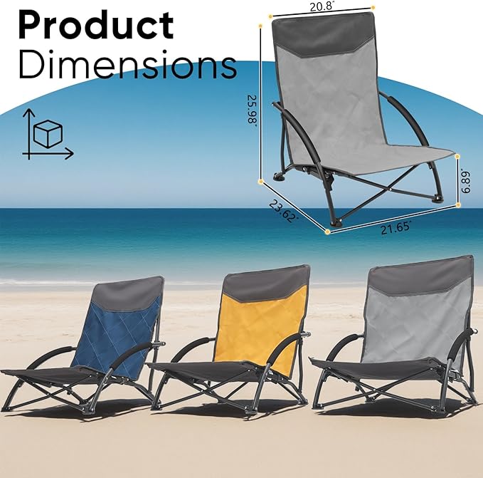 Sekey Portable Beach Chair Lightweight Camping Chair with Carry Bag Low Folding Beach Chair for Adults Compact Ourdoor Chairs for Picnic Fishing and Sports Events Gray