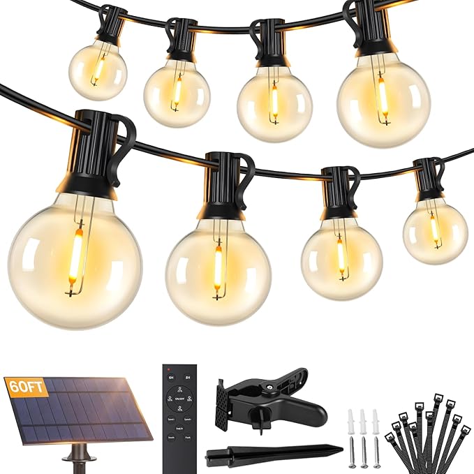 Brightever Solar String Lights Outdoor with Remote 60FT 25+1 LED G40 Bulbs Shatterproof Patio Lights IP65 Waterproof Dimmable Hanging Solar Power Globe LED Outdoor Lights for House Market Bistro