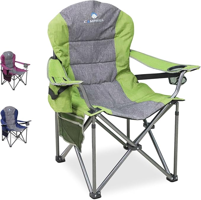 Northroad Oversized Portable Camping Chair Full Padded Outdoor Folding Chair Support 350 LBS Heavy Duty Lawn Chair with Cup Holder Cooler Bag Lumbar Support Head Pocket for Adult (Green)