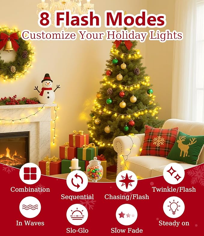 82FT 1000LED Warm White Christmas Lights Outdoor with 8 Modes IP44 Waterproof Plug in Christmas Tree Light Fairy String Lights for Christmas Patio Garden Indoor Outdoor Decor