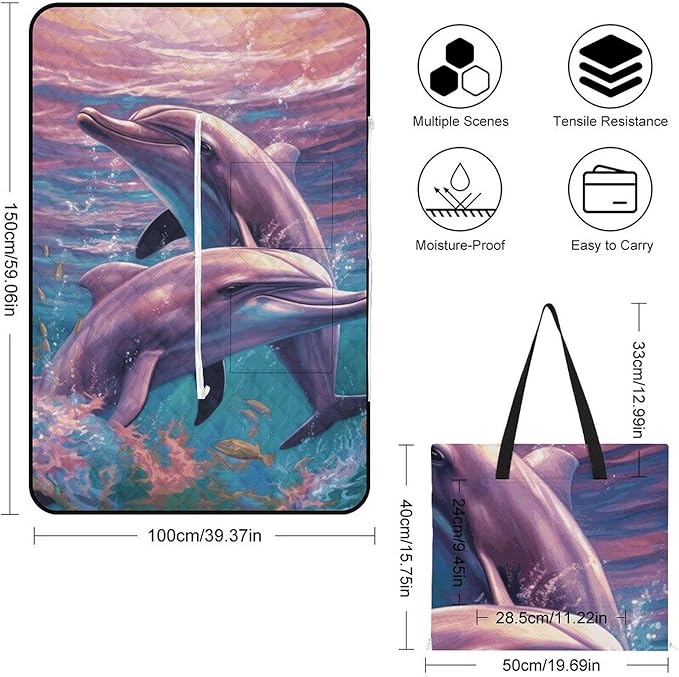 Zipper Dolphins Art Style Picnic Mat Suitable for Travel Camping Park Or Home Use