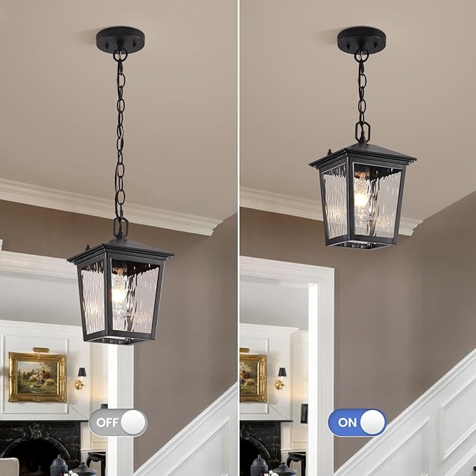Outdoor Pendant Light Black Outdoor Porch Light fixtures with Anti-Rust Exterior Hanging Lantern Height Adjustable Outside Chandelier with Water Glass for House Patio Garage