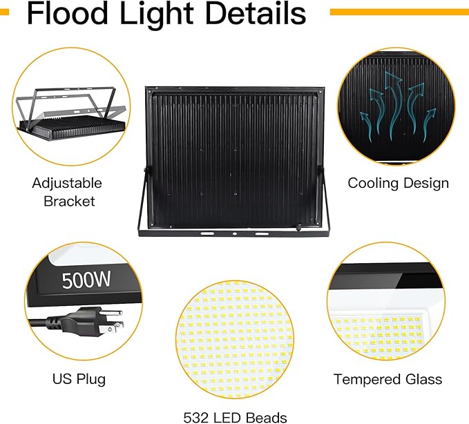 2 Pack 500W LED Flood Light 60000LM Brighter Lights with US Plug + 10ft Cord IP66 Waterproof Outdoor Lights 5000K White Floodlight for Sports Court Garden Stadium Playground Arena