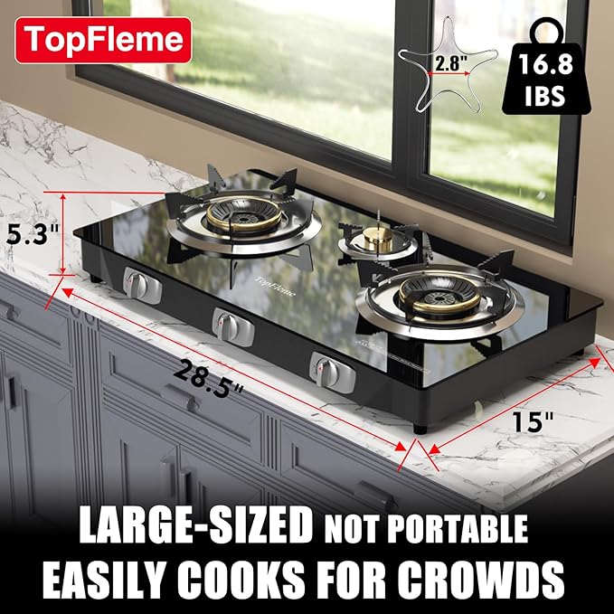 3 Burner Propane Stove 32300 BTU High-Efficiency Tempered Glass Auto-Ignition Gas Burner Stove Top with CSA Hose for Outdoor RV Camping Emergency Cooking