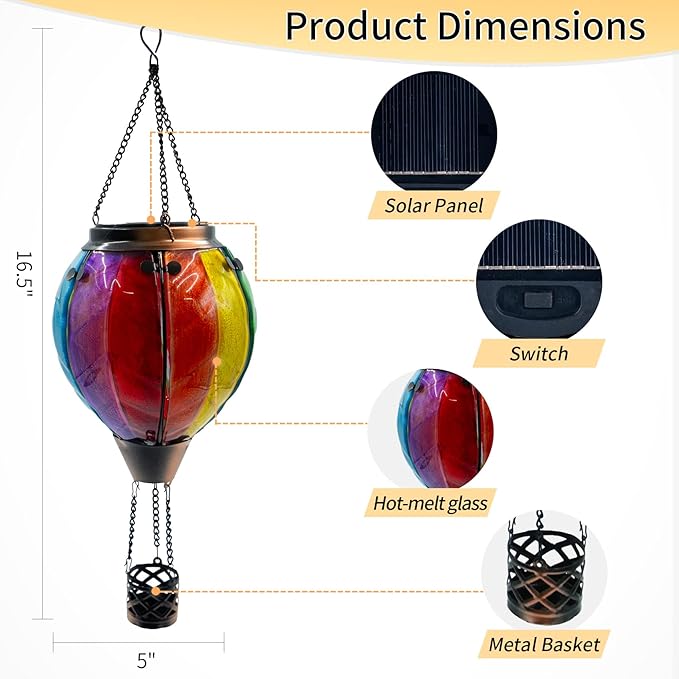 Glass Solar Hot Air Balloon Lantern with Flame Hanging Garden Flickering Light Outdoor Waterproof for Yard Patio Tree Mother's Day Gift Colorful