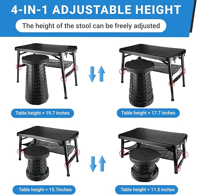 Portable Folding Table and Stool Set Lightweight Foldable Table &amp Collapsible Stool for Camping Picnic Beach Fishing Sturdy Small Outdoor Table with Mesh Layer Storage