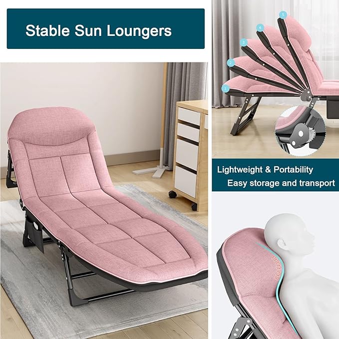Lounge Outdoor Folding Deck Chair with 5 Level Adjustable Recliner Bed Padded Cushion Portable Camp Bed for Beach and Garden 185 * 65cm (175 * 60cm)