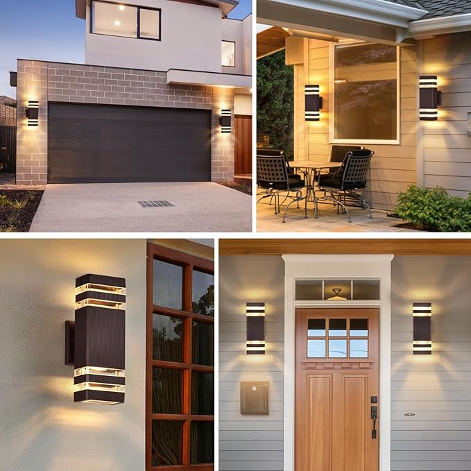 DASTOR 4 Pack Outdoor Wall Lights Brown Exterior Lighting Fixtures Wall Mount 2-Layer Modern Outdside Lights for House Up and Down Outdoor Sconce Lights for Porch Patio Garage