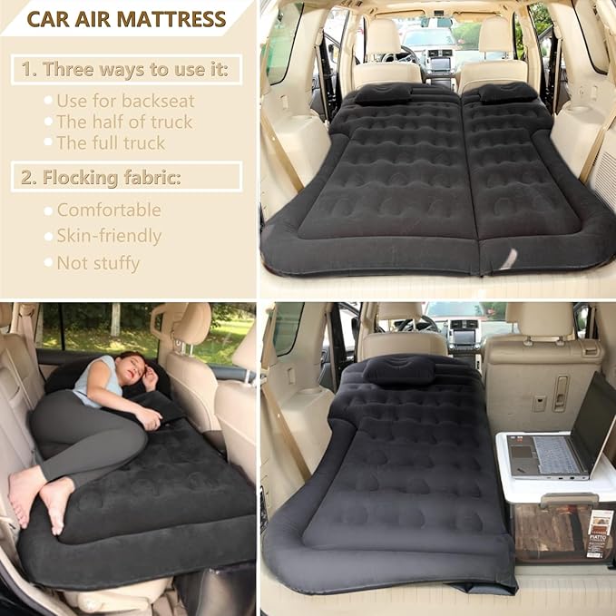 Car Air Mattress - Inflatable Bed SUV Mattress with Two Pillows for Cars Backseat Trunk Portable Flocked Camping Bed Sleeping Mat for Vehicle Travel Road Trip Indoor&ampOutdoor Activities Black