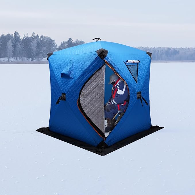 Portable Ice Fishing Tent 3 Person shelter Tent with Windproof Fabric StripsProtect Against Water/Cold Wind 35 Square Feet Insulated Ice Shelter Area for Ice Fishing Winter Fishing (Blue)