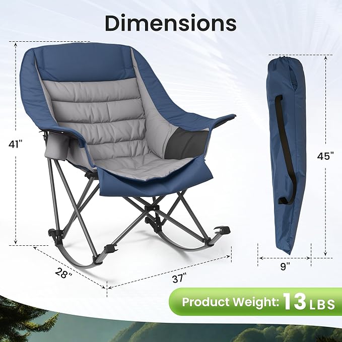 Oversized Rocking Camping Chair for Adults 400LBS Capacity Foldable Outdoor Rocker with Padded Seat Cup Holder Portable Camp Chair for Camping Backyard Patio BeachNavy Blue 1 PCS