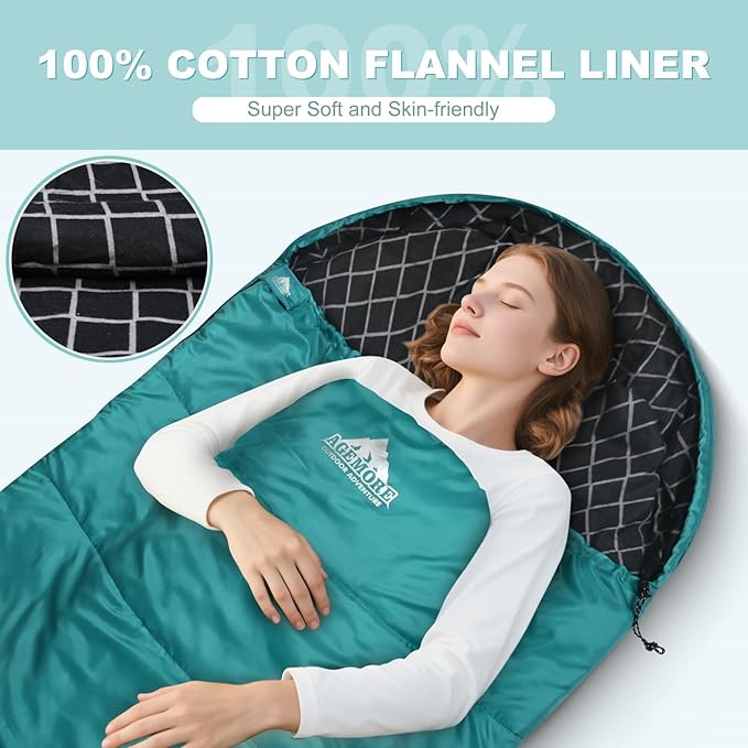 AGEMORE Cotton Flannel Sleeping Bag for Adults Lightweight XXL Cotton Sleeping Bag for Camping Backpacking or Hiking Water Resistant 3-4 Season Sleeping bag for Warm &amp Cool Weather