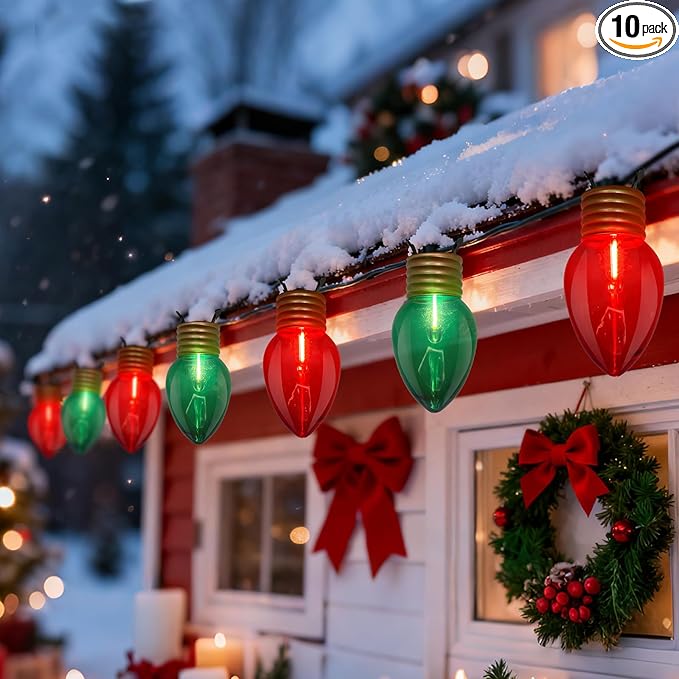 16FT Jumbo Red and Greeen Christmas LightsOutdoor Giant Christmas Decorations Lights with 10 LED Clear Red and Greeen Bulbs for Tree Holiday Home Roof Yard Garden Decorations
