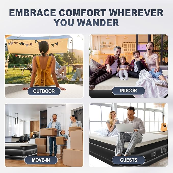 Outvita 18in Queen Air Mattress with Built-in Pump Foam Topper Inflatable Air Bed Quick Assembly Comfort Luxury Blow Up Sleeping Mat for Guests and Home Camping Travel 650lbs Weight Capacity