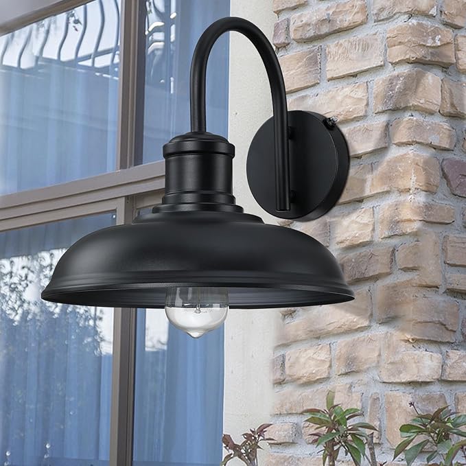 12'' Diameter Large Dusk to Dawn Outdoor Gooseneck Barn Light 2-Pack Outdoor Wall Sconce Farmhouse Exterior Light Wall Lighting Fixture Industrial Black Wall Lantern for Porch Garage Black